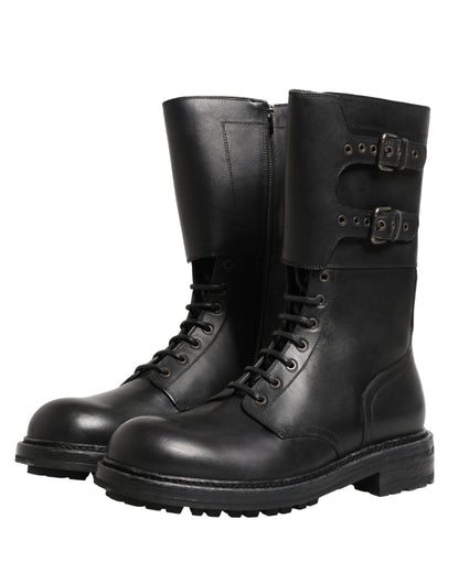 Dolce & Gabbana Black Leather Belted Buckle Combat Boots Shoes