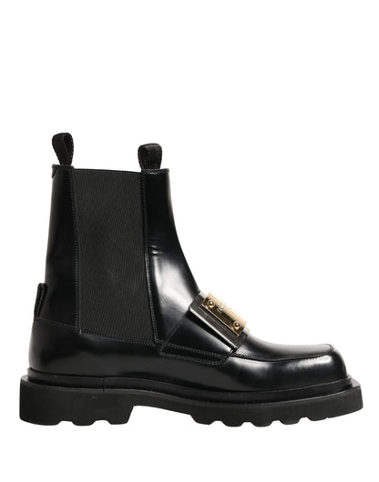 Dolce & Gabbana Black Leather Logo Plaque Ankle Boots Shoes