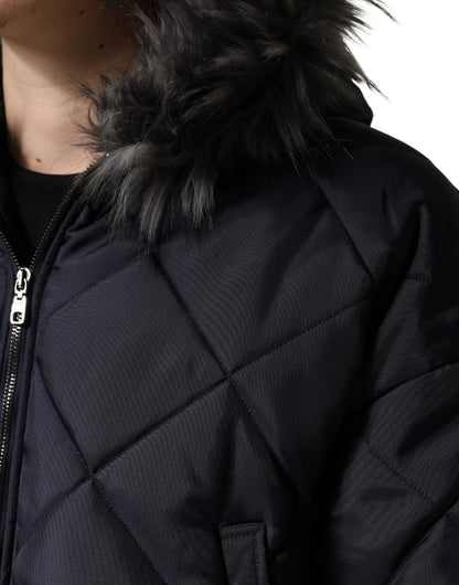 Dolce & Gabbana Black Quilted Fur Shearling Hooded  Jacket