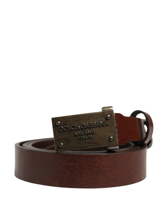 Dolce & Gabbana Brown Leather Logo Metal Buckle Men Belt by Dolce & Gabbana