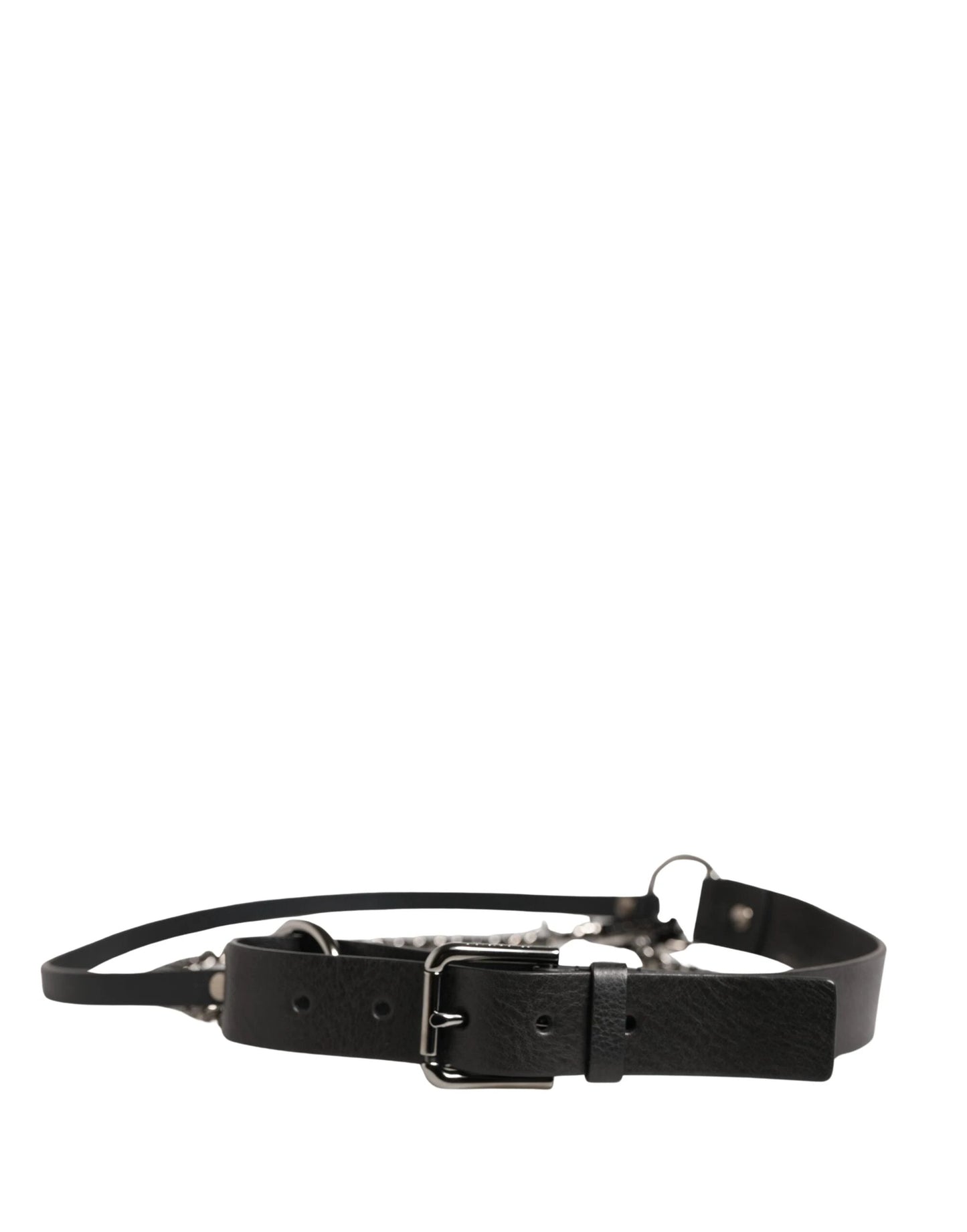 Dolce & Gabbana Black Leather Silver Chain Waist Men Belt by Dolce & Gabbana