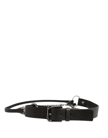 Dolce & Gabbana Black Leather Silver Chain Waist Men Belt by Dolce & Gabbana