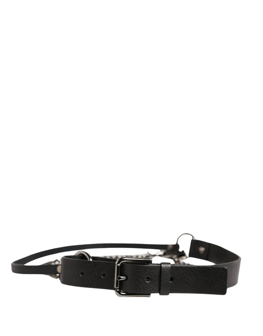 Dolce & Gabbana Black Leather Silver Chain Waist Men Belt by Dolce & Gabbana