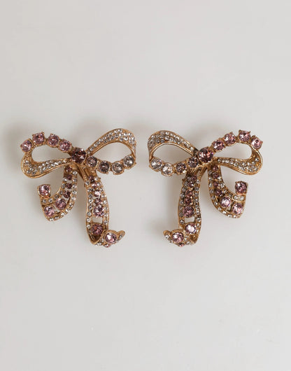 Dolce & Gabbana Gold Brass Pink Clear Crystal Bow Fiocchi Christmas  Earrings