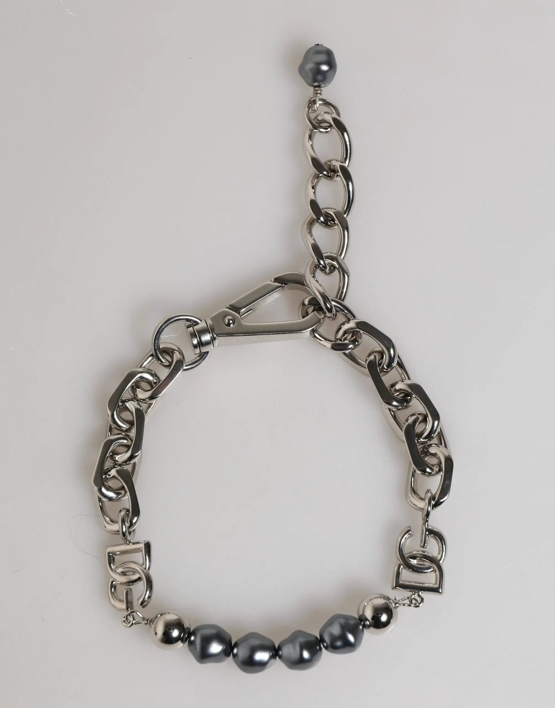 Dolce & Gabbana Silver Tone Chain Lobster Clasp Logo Gray Pearls Bracelet by Dolce & Gabbana