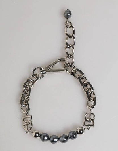 Dolce & Gabbana Silver Tone Chain Lobster Clasp Logo Gray Pearls Bracelet