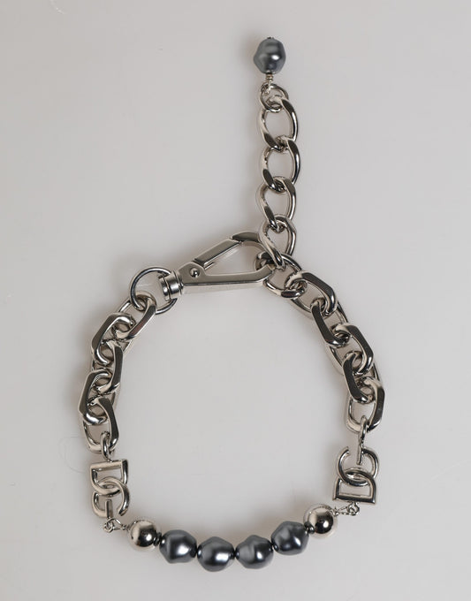 Dolce & Gabbana Silver Tone Chain Lobster Clasp Logo Gray Pearls Bracelet