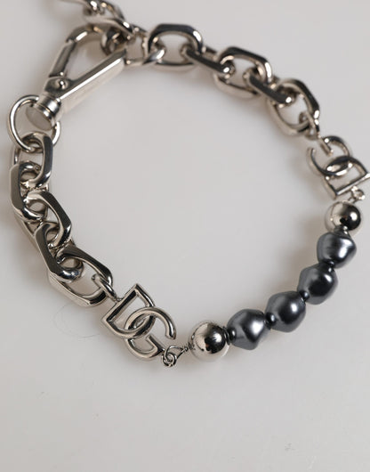 Dolce & Gabbana Silver Tone Chain Lobster Clasp Logo Gray Pearls Bracelet