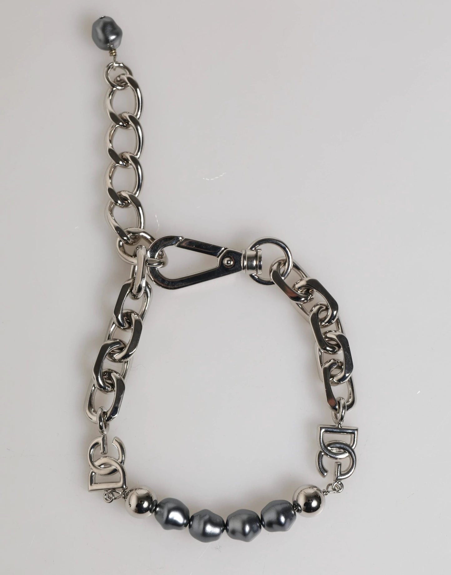 Dolce & Gabbana Silver Tone Chain Lobster Clasp Logo Gray Pearls Bracelet