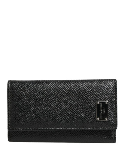 Dolce & Gabbana Black Leather Silver Metal Logo Plaque Trifold Keyring