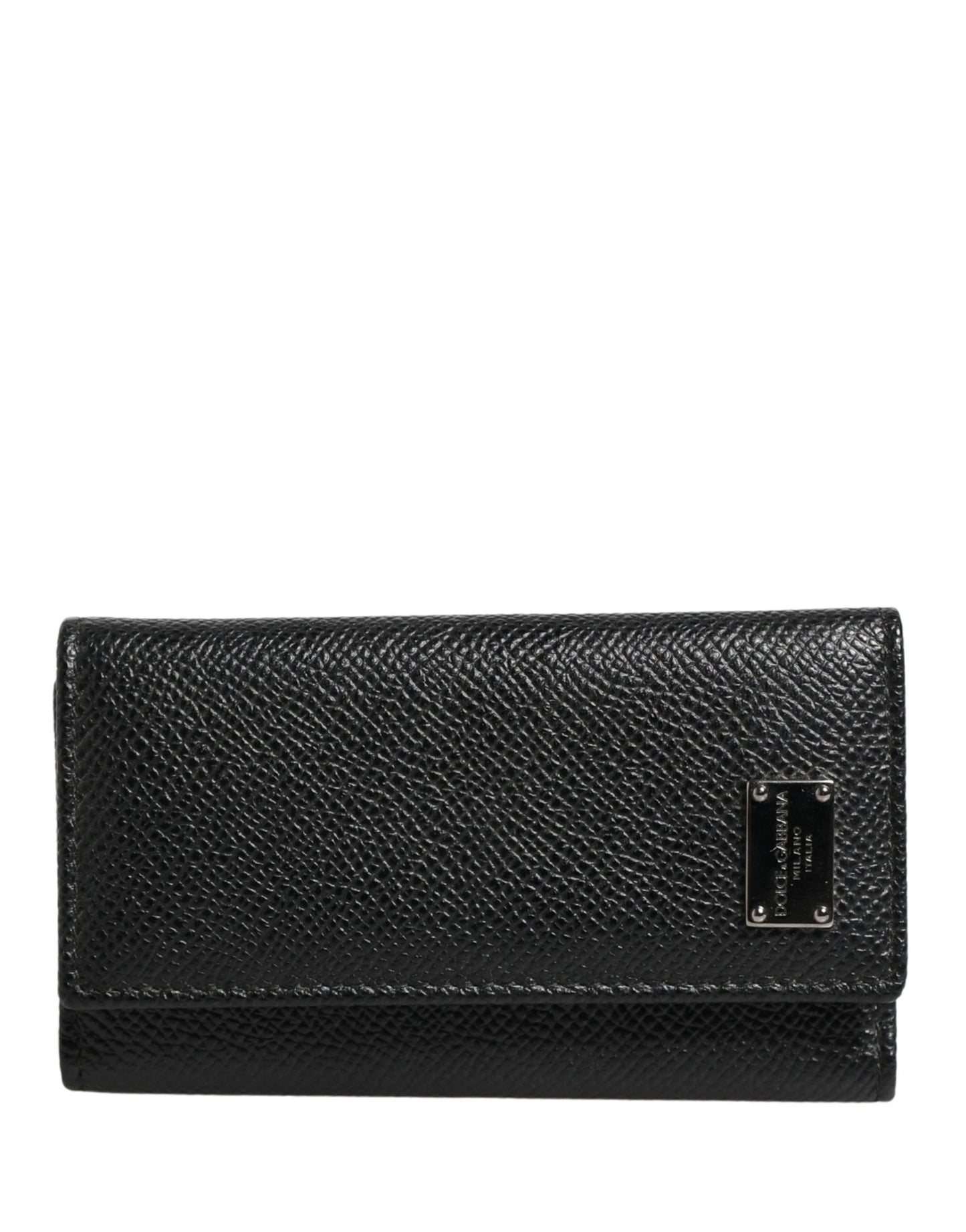 Dolce & Gabbana Black Leather Silver Metal Logo Plaque Trifold Keyring