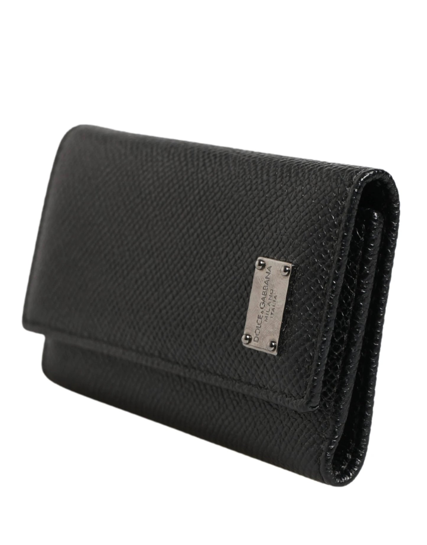 Dolce & Gabbana Black Leather Silver Metal Logo Plaque Trifold Keyring