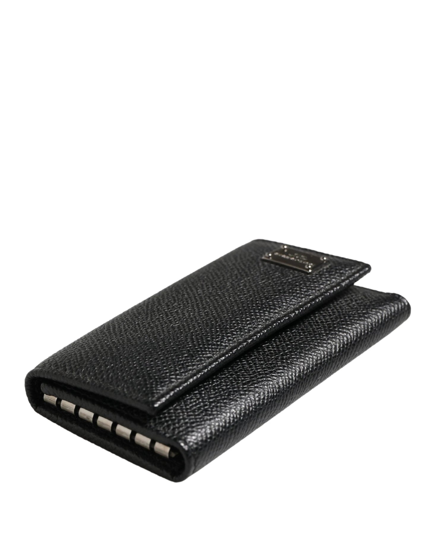 Dolce & Gabbana Black Leather Silver Metal Logo Plaque Trifold Keyring