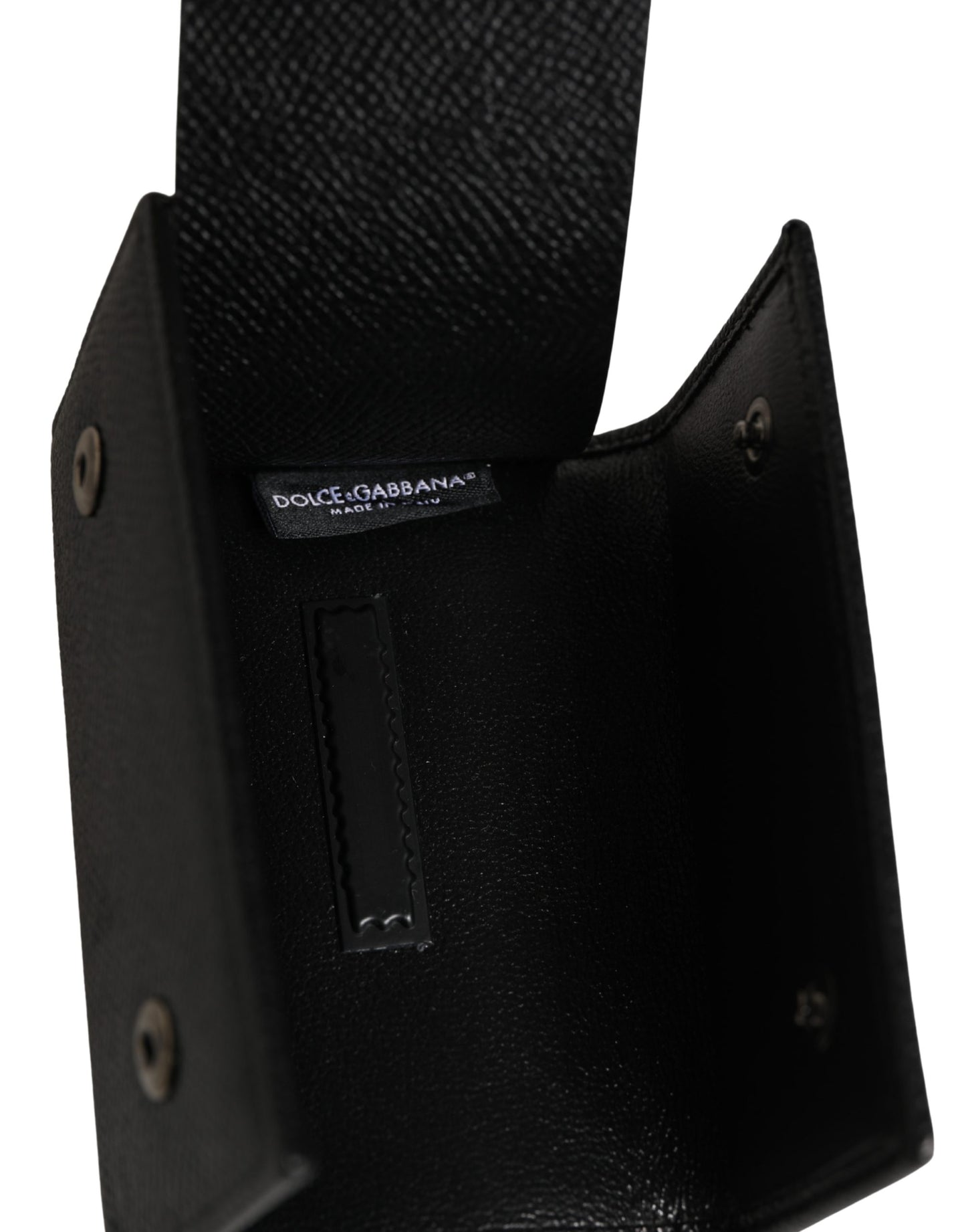 Dolce & Gabbana Black Leather Silver Metal Logo Plaque Trifold Keyring