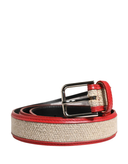 Dolce & Gabbana Men Beige Red Woven Leather Metal Buckle Belt by Dolce & Gabbana