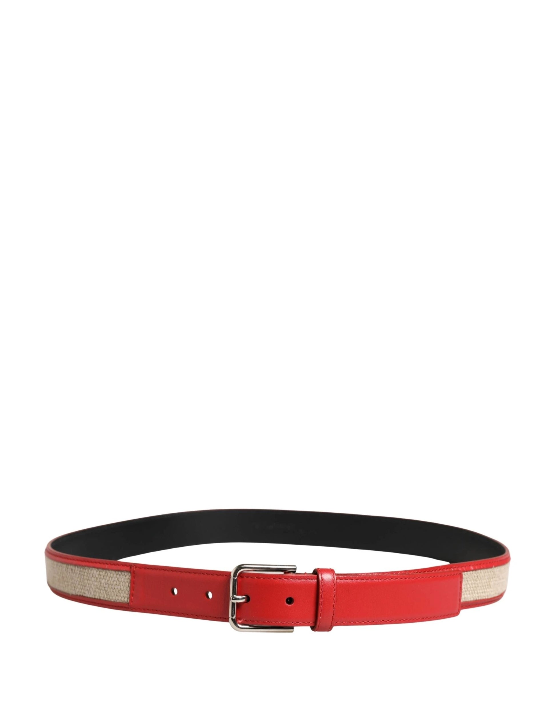 Dolce & Gabbana Men Beige Red Woven Leather Metal Buckle Belt by Dolce & Gabbana