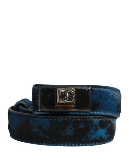 Dolce & Gabbana Men Blue Calf Leather Logo Metal Buckle Belt by Dolce & Gabbana