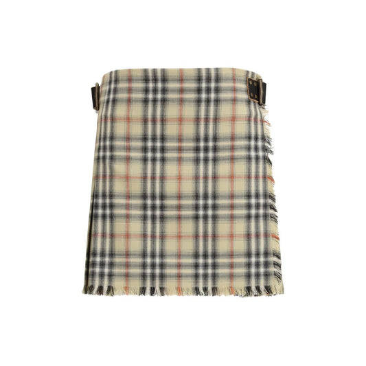 Burberry Mini Jupe Check en Laine Twill – Boucles B Antique & Franges | SS26
