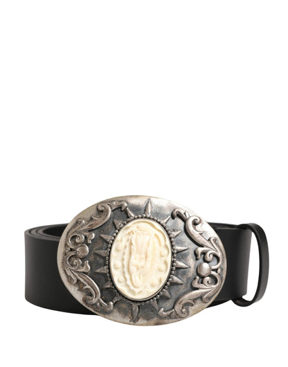 Dolce & Gabbana Black Calf Leather Ornate Metal Buckle Belt by Dolce & Gabbana