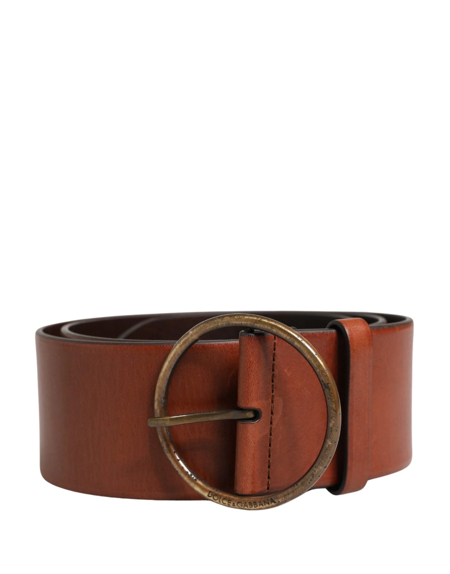Dolce & Gabbana Men Brown Leather Wide Waist Metal Round Buckle Belt by Dolce & Gabbana
