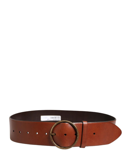 Dolce & Gabbana Men Brown Leather Wide Waist Metal Round Buckle Belt by Dolce & Gabbana