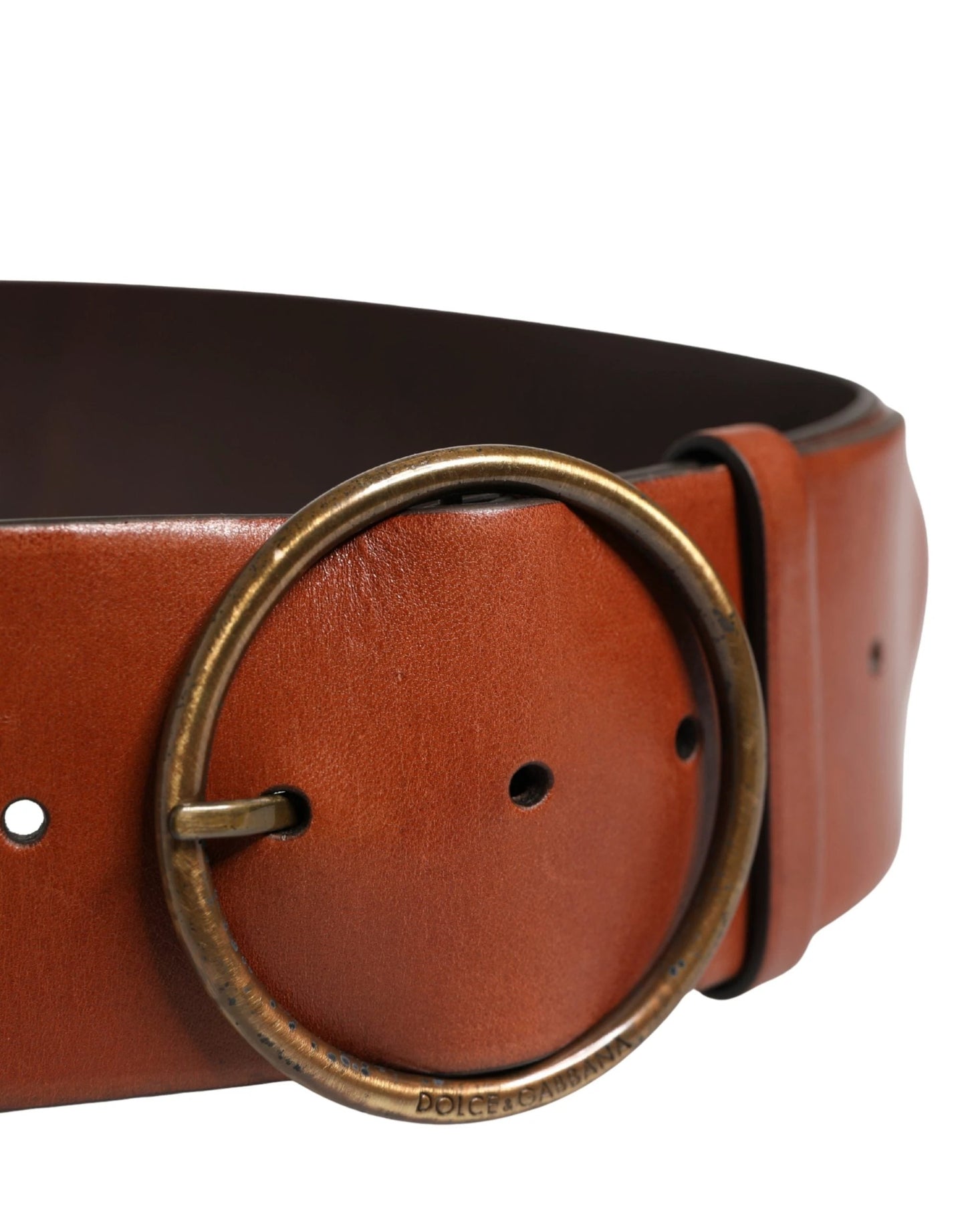 Dolce & Gabbana Men Brown Leather Wide Waist Metal Round Buckle Belt by Dolce & Gabbana