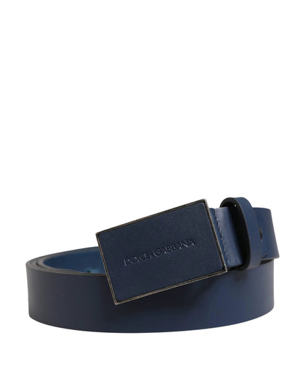 Dolce & Gabbana Men Blue Calf Leather Logo Metal Buckle Belt by Dolce & Gabbana