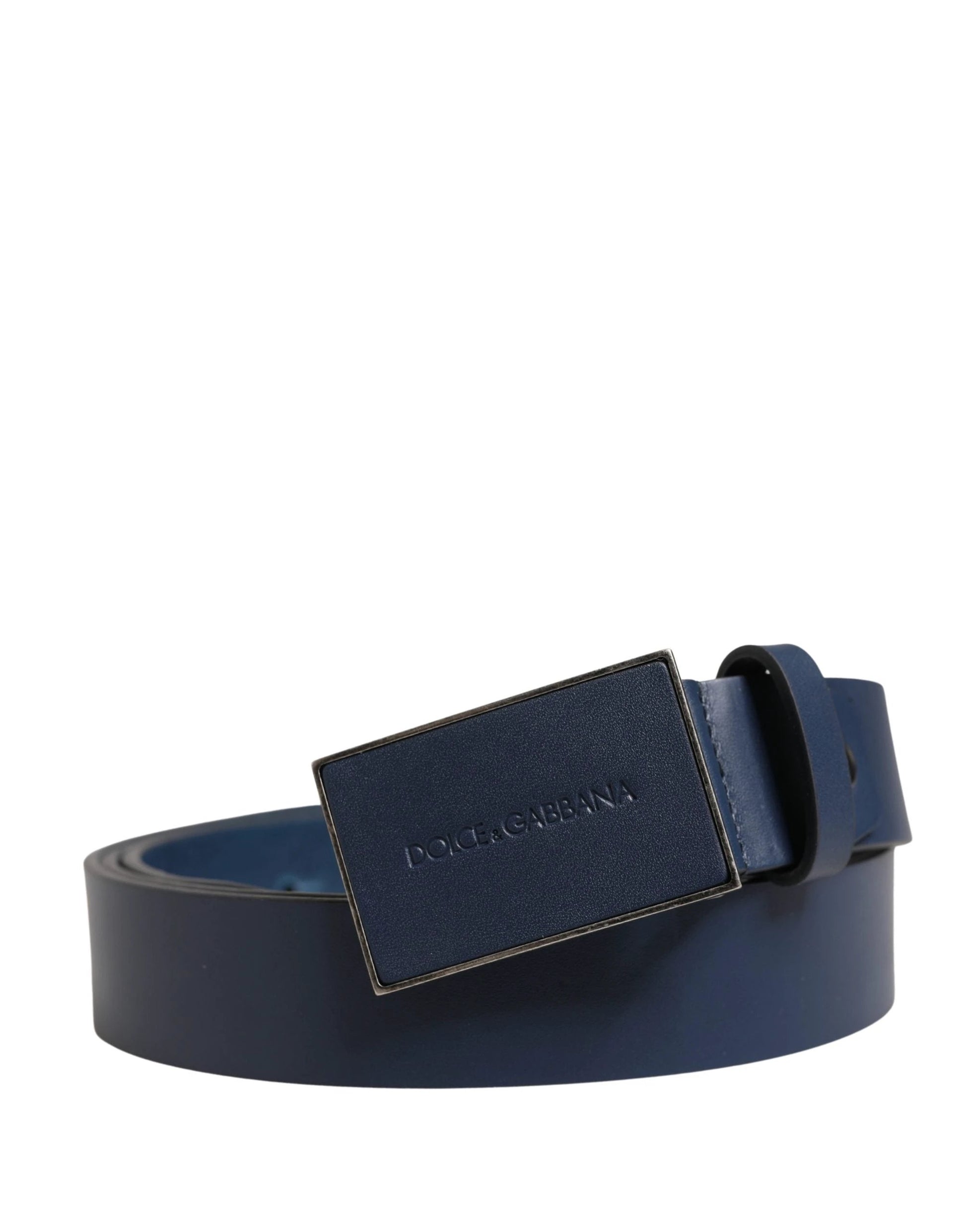 Dolce & Gabbana Men Blue Calf Leather Logo Metal Buckle Belt by Dolce & Gabbana