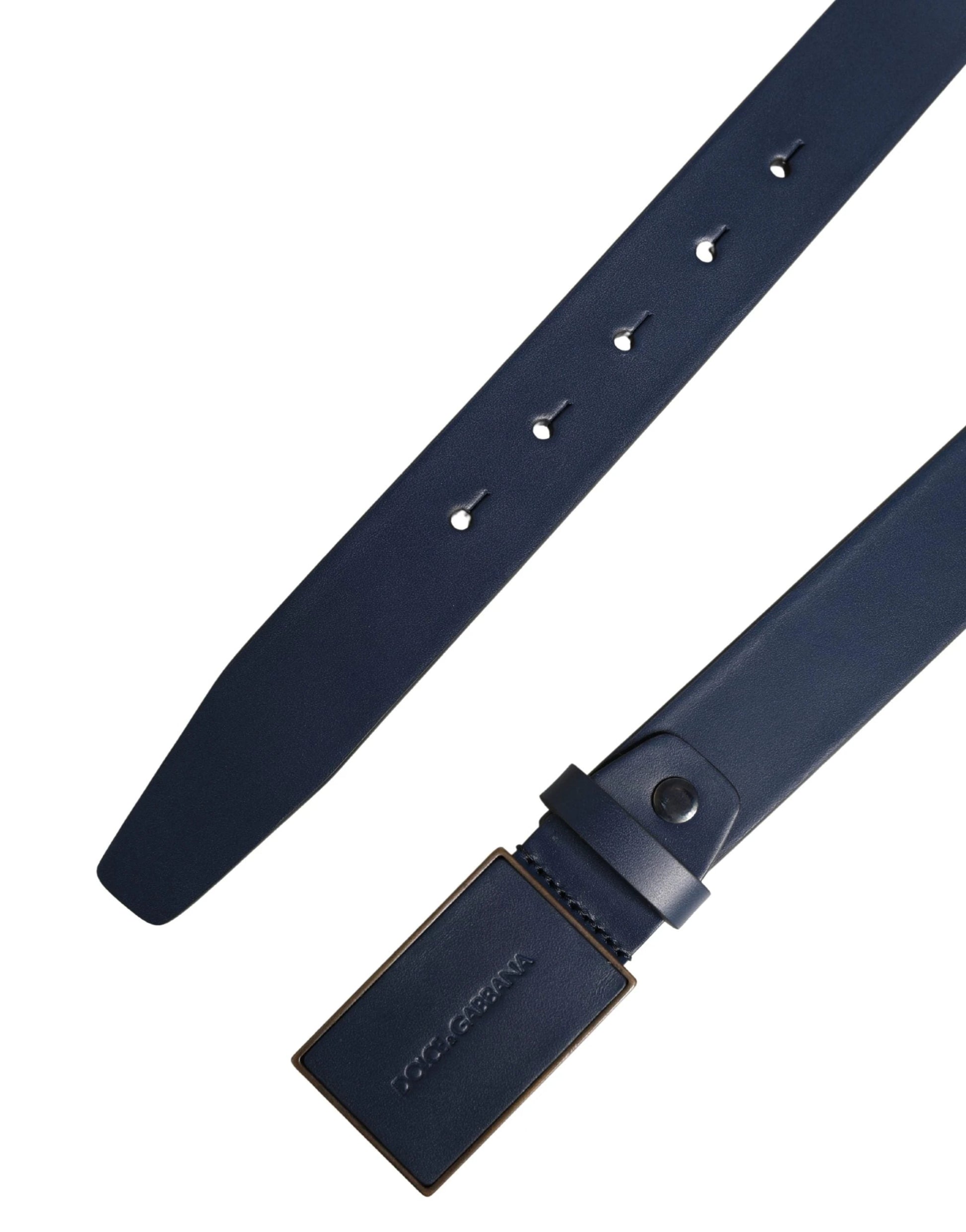Dolce & Gabbana Men Blue Calf Leather Logo Metal Buckle Belt by Dolce & Gabbana