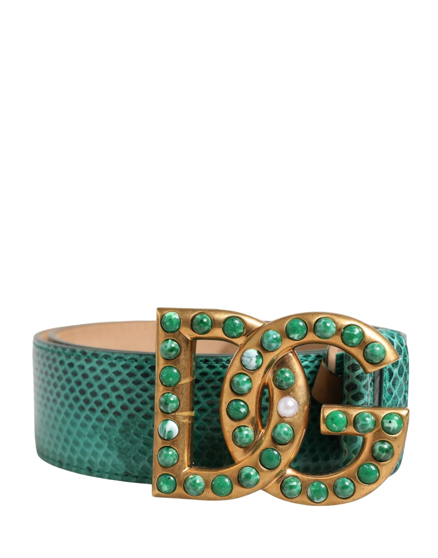 Dolce & Gabbana Green Leather DG Logo Embellished Buckle Belt by Dolce & Gabbana