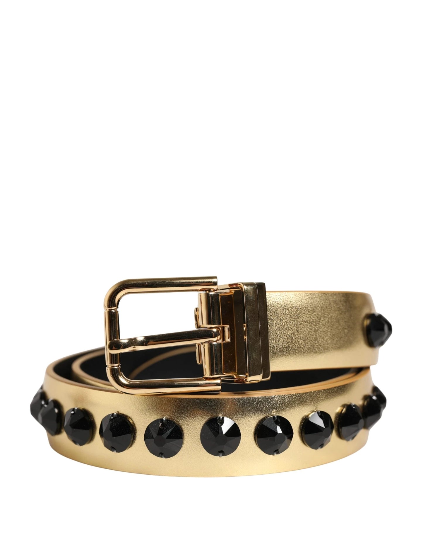 Dolce & Gabbana Gold Leather Black Crystals Metal Buckle Belt by Dolce & Gabbana
