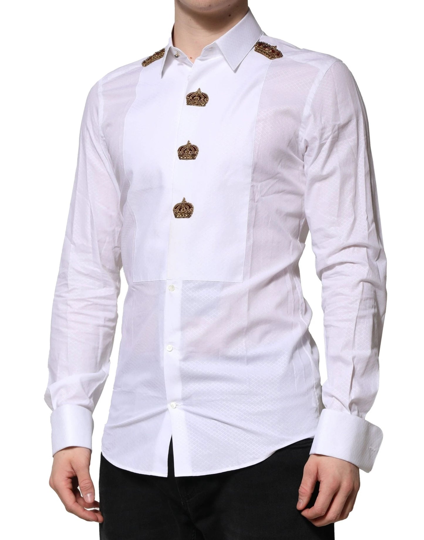 Dolce & Gabbana White GOLD Crown Cotton Dress Formal Shirt