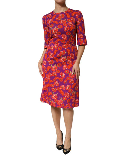 Dolce & Gabbana Purple Silk Floral Print Midi Sheath Dress by Dolce & Gabbana