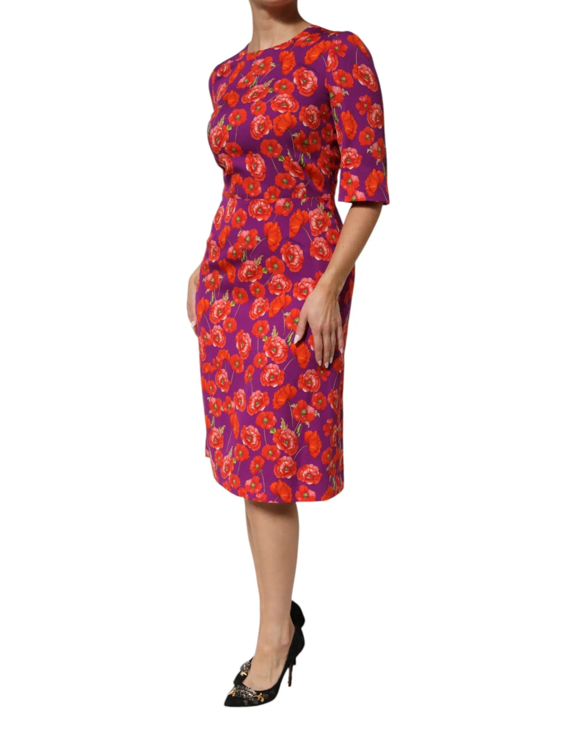 Dolce & Gabbana Purple Silk Floral Print Midi Sheath Dress by Dolce & Gabbana