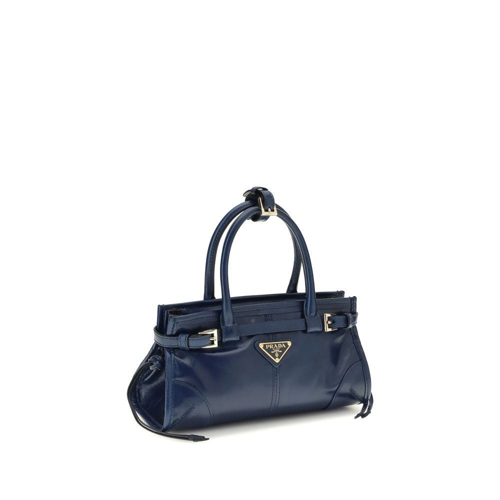 Prada Bonnie Mini Handbag Bleue — Cuir Brillant, Logo Triangle Émaillé & Bandoulière | SS26