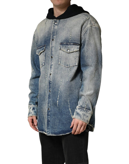 Dolce & Gabbana Blue Hooded Cotton Buttoned Denim Jacket
