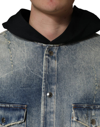 Dolce & Gabbana Blue Hooded Cotton Buttoned Denim Jacket
