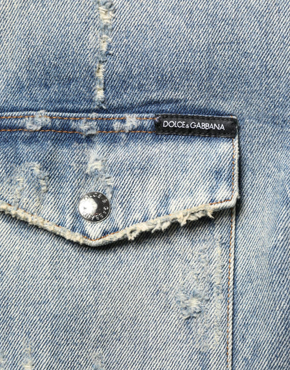 Dolce & Gabbana Blue Hooded Cotton Buttoned Denim Jacket