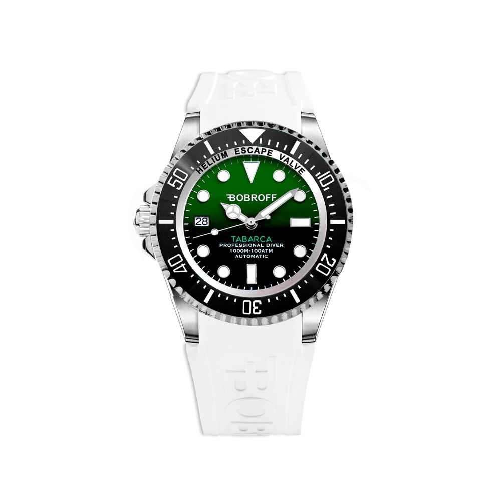 Bobroff Montre Sport Synthétique Blanche Automatique Étanche 100 ATM Verre Saphir Bracelet Silicone Blanc Dial Vert