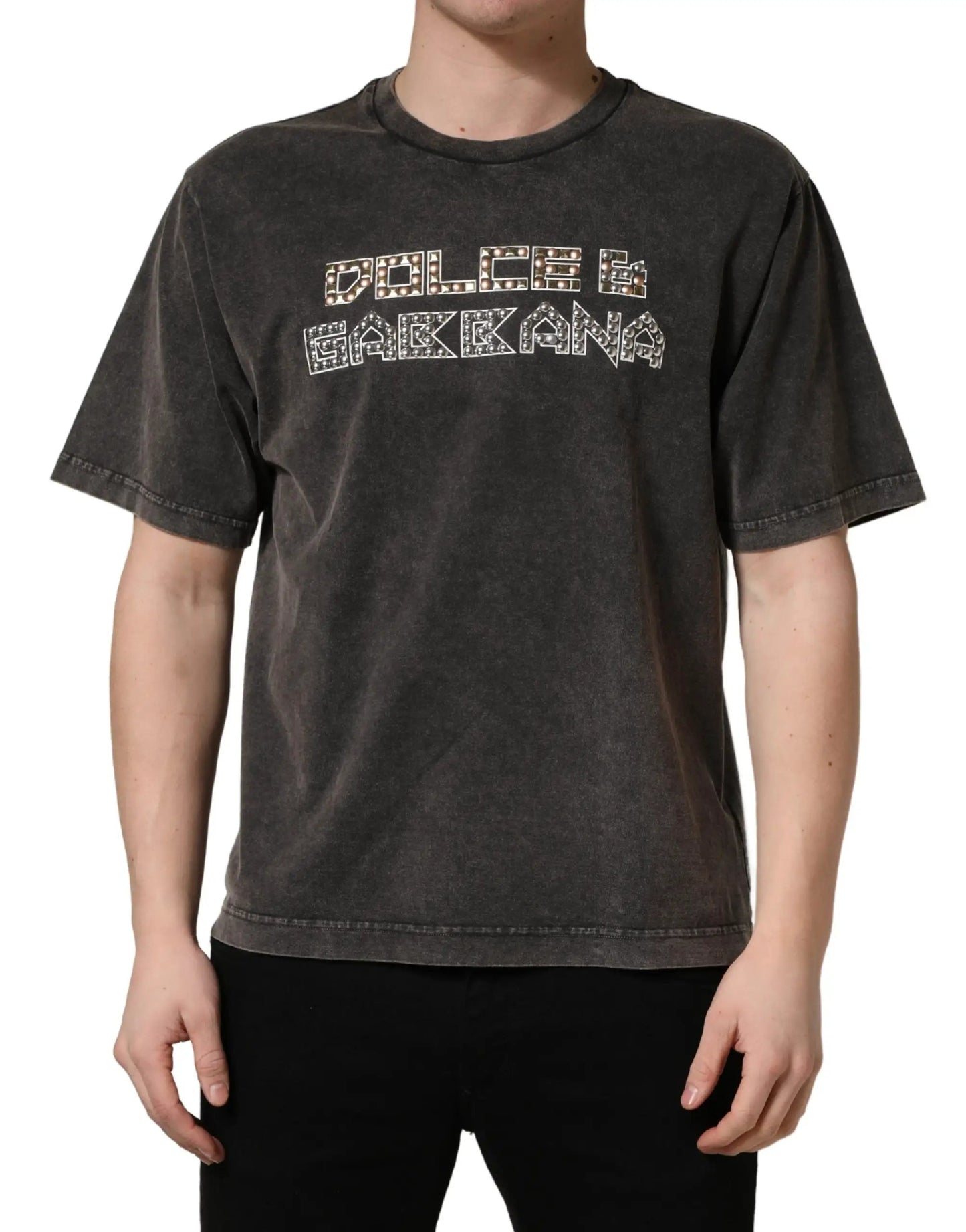 Dolce & Gabbana Gray Logo Embellished Men Crew Neck T-shirt by Dolce & Gabbana