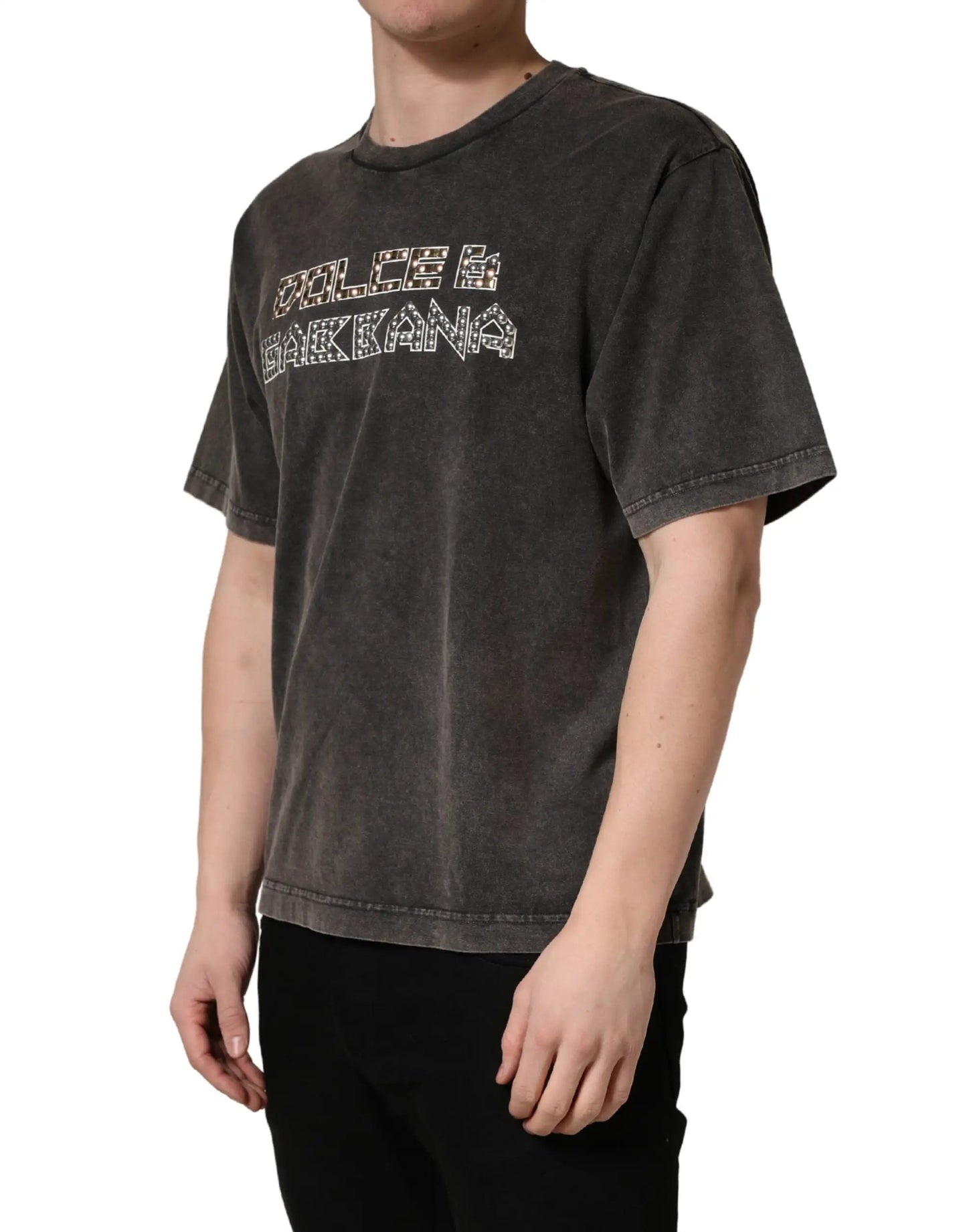 Dolce & Gabbana Gray Logo Embellished Men Crew Neck T-shirt by Dolce & Gabbana
