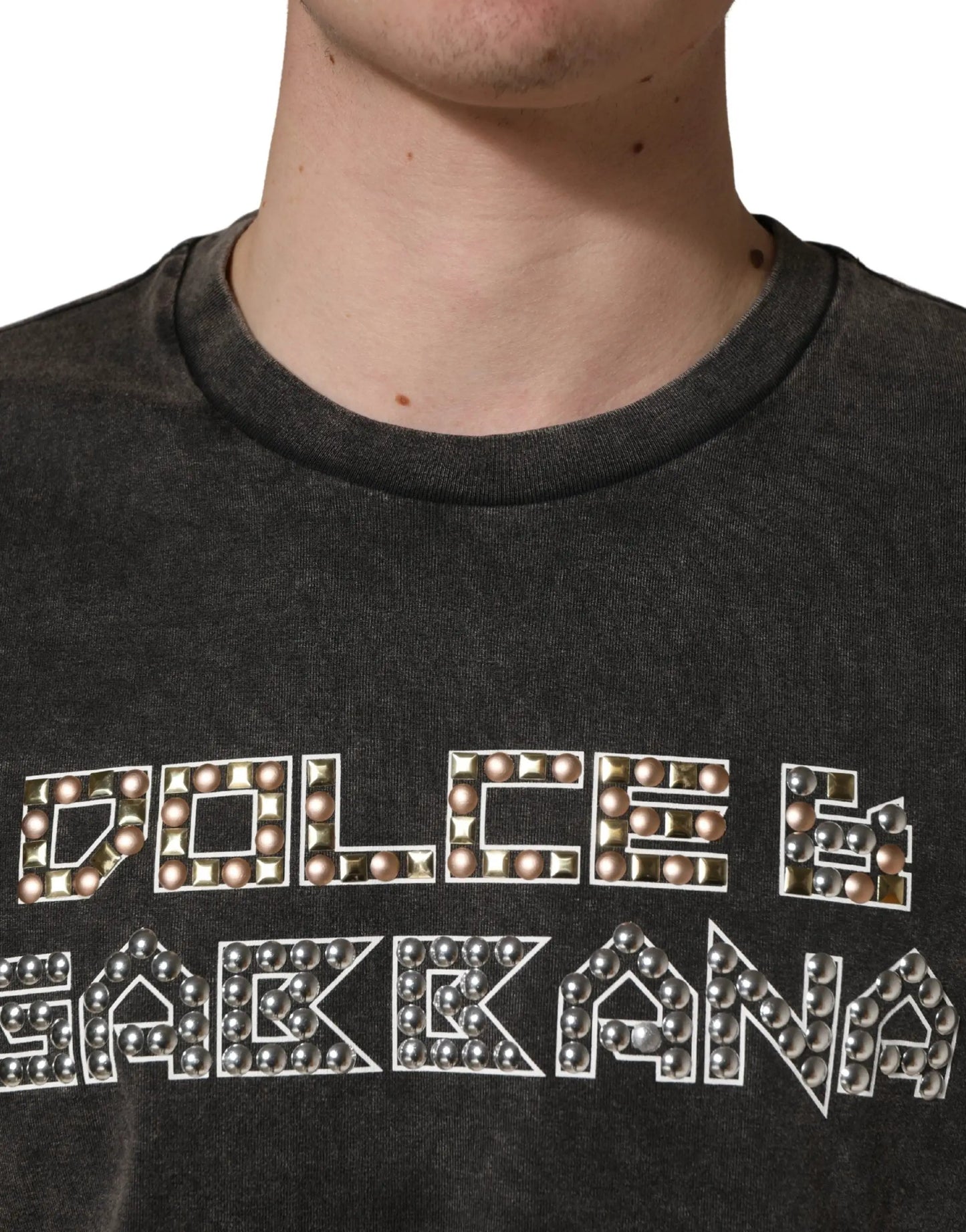 Dolce & Gabbana Gray Logo Embellished Men Crew Neck T-shirt by Dolce & Gabbana