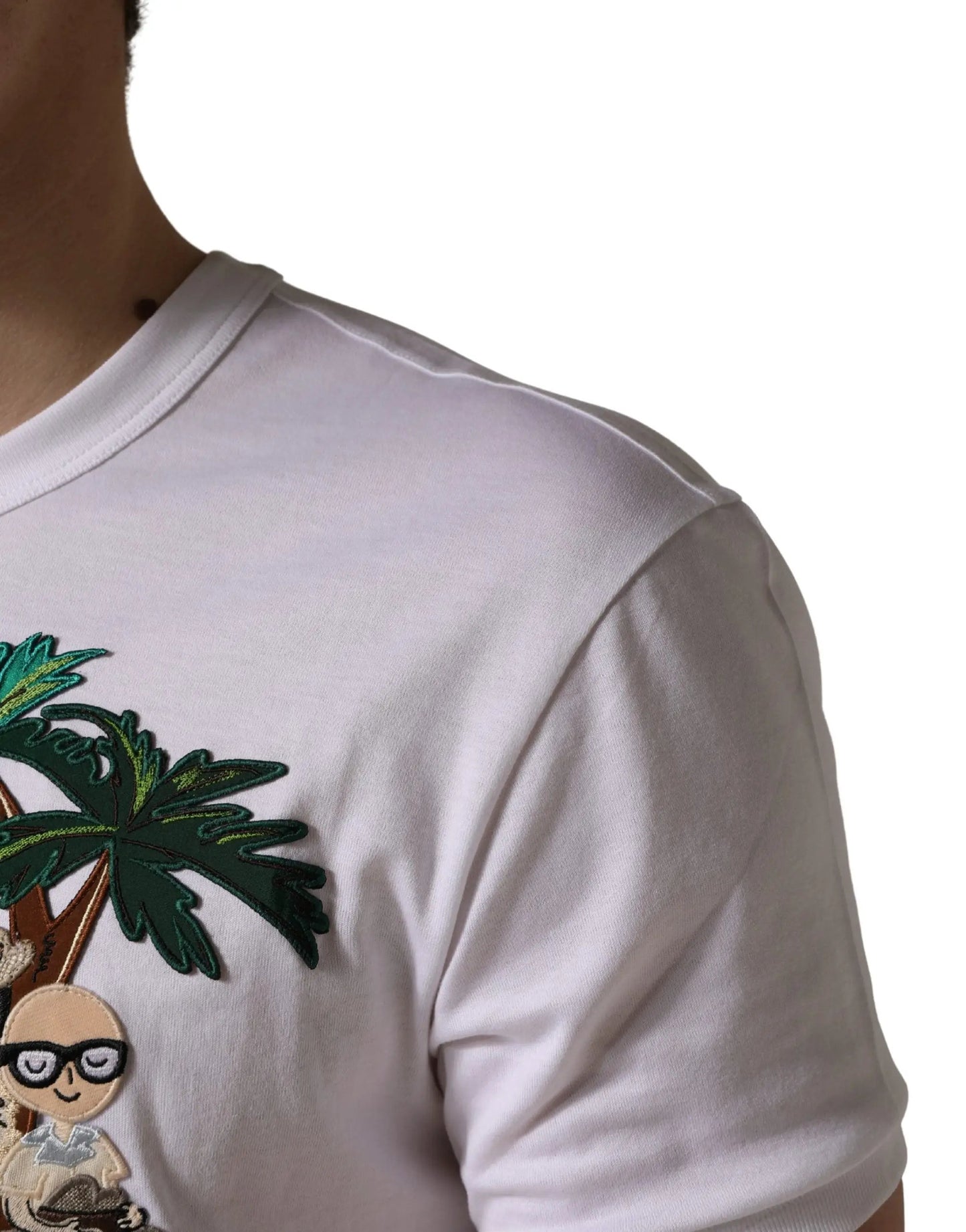 Dolce & Gabbana White Palm Embroidered Men Crew Neck T-shirt by Dolce & Gabbana