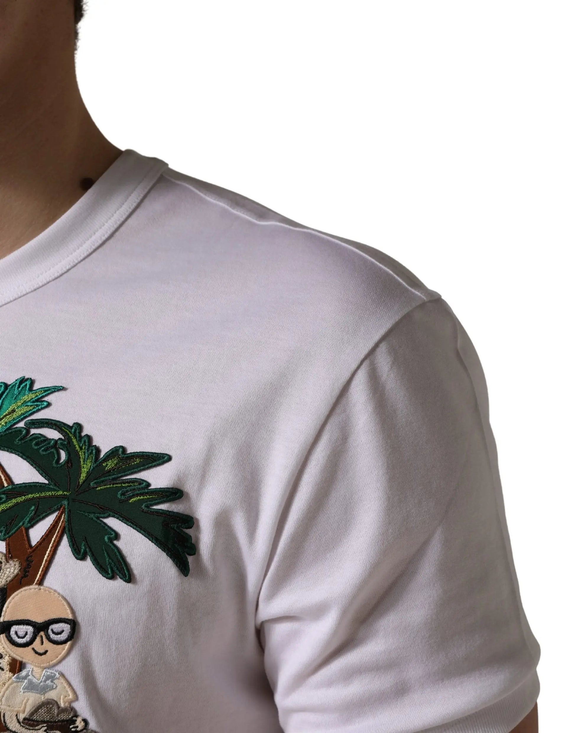 Dolce & Gabbana White Palm Embroidered Men Crew Neck T-shirt by Dolce & Gabbana