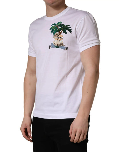 Dolce & Gabbana White Palm Embroidered Men Crew Neck T-shirt by Dolce & Gabbana