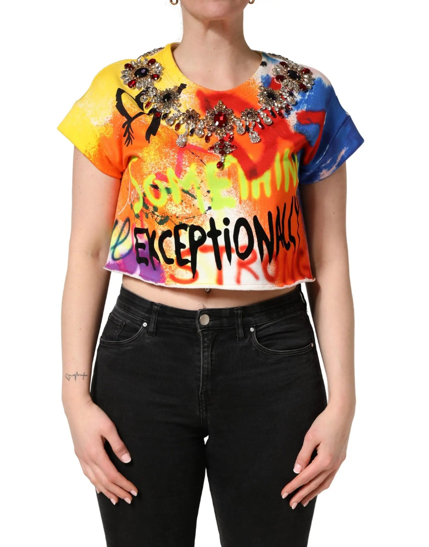 Dolce & Gabbana Multicolor Graffiti Crystals Crop Jersey Top by Dolce & Gabbana