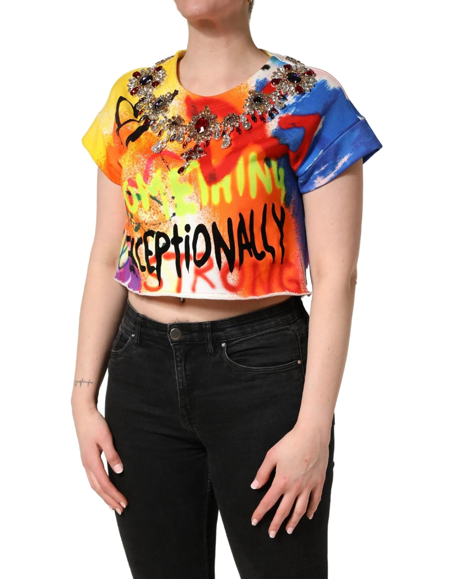 Dolce & Gabbana Multicolor Graffiti Crystals Crop Jersey Top by Dolce & Gabbana