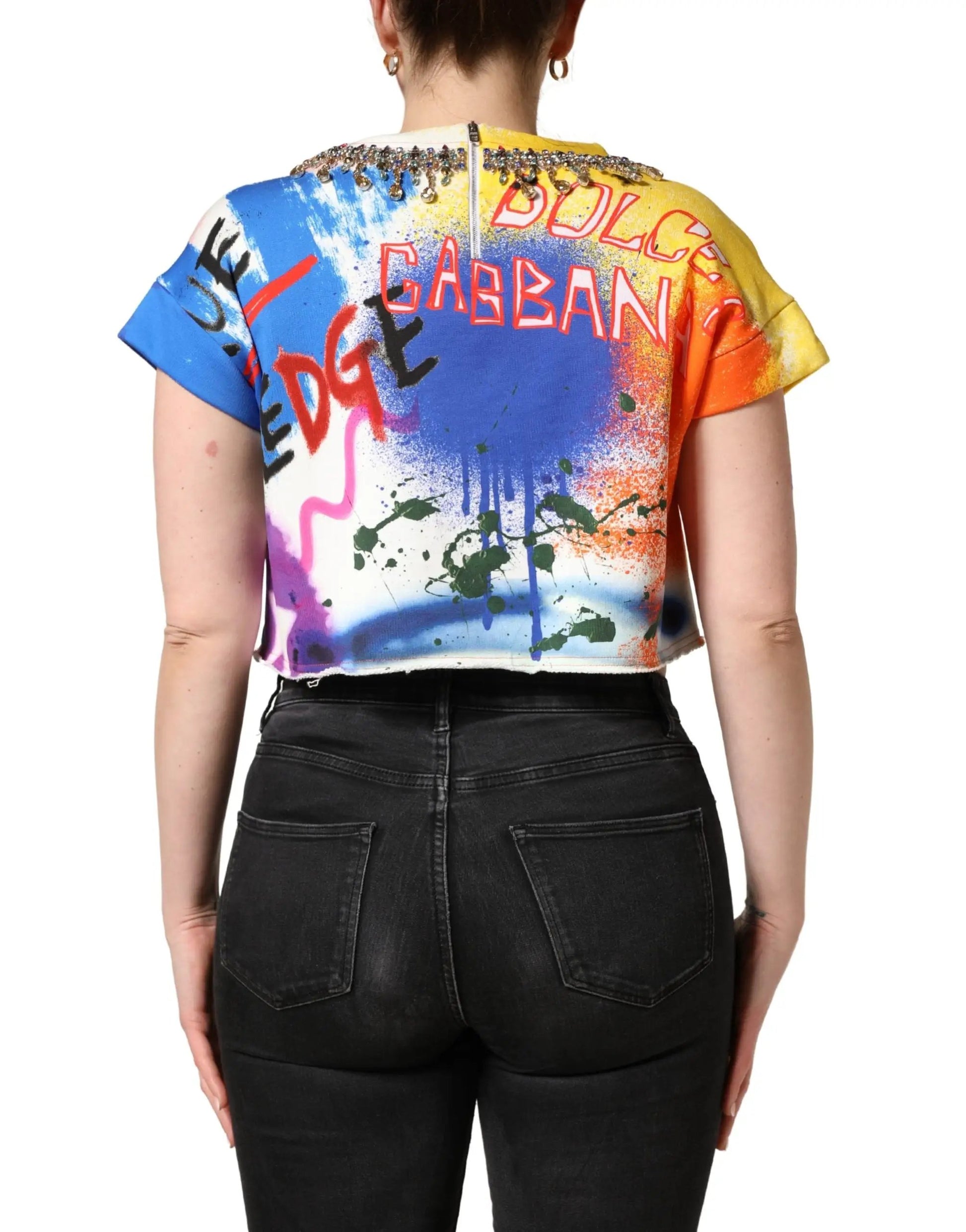 Dolce & Gabbana Multicolor Graffiti Crystals Crop Jersey Top by Dolce & Gabbana