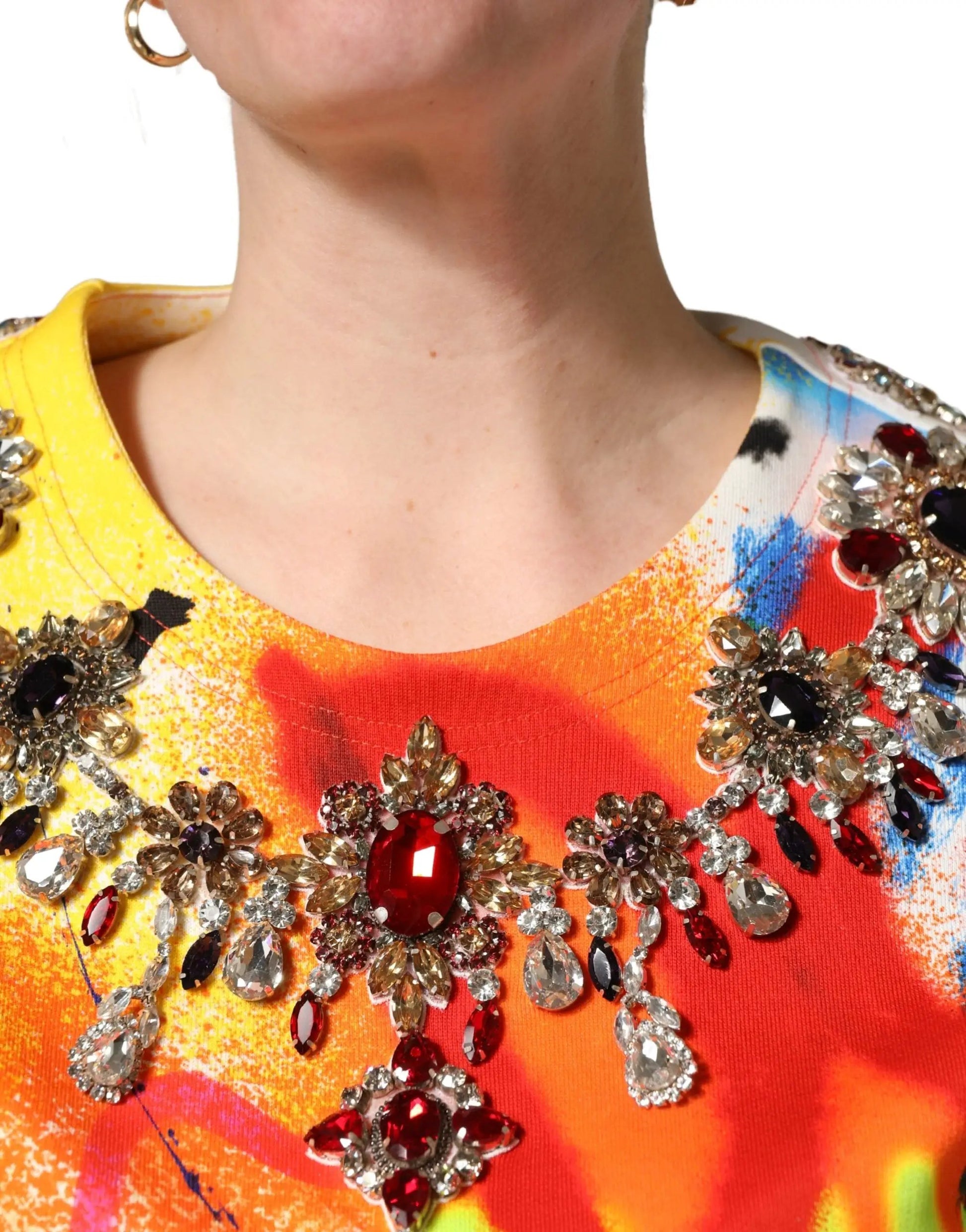 Dolce & Gabbana Multicolor Graffiti Crystals Crop Jersey Top by Dolce & Gabbana
