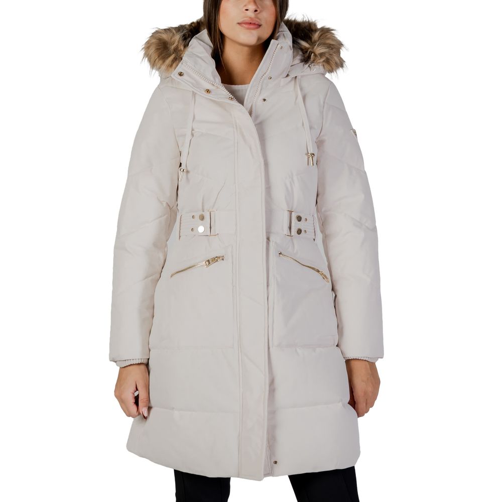 Manteau Puffer Guess Crème Femme Ceinture en Polyester Chaud